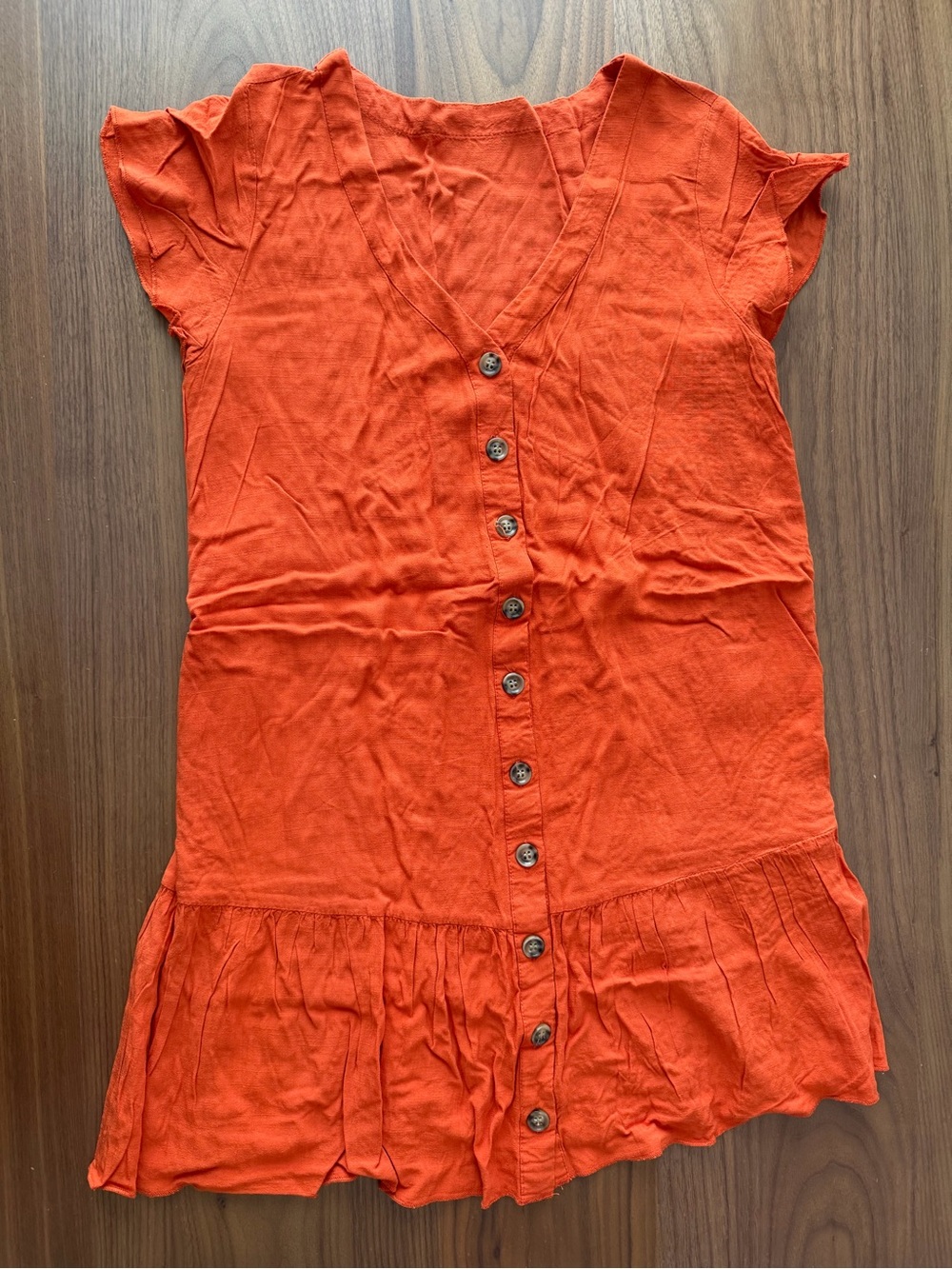 Button-Front V-Neck Ruffle-Hem dress in Orange